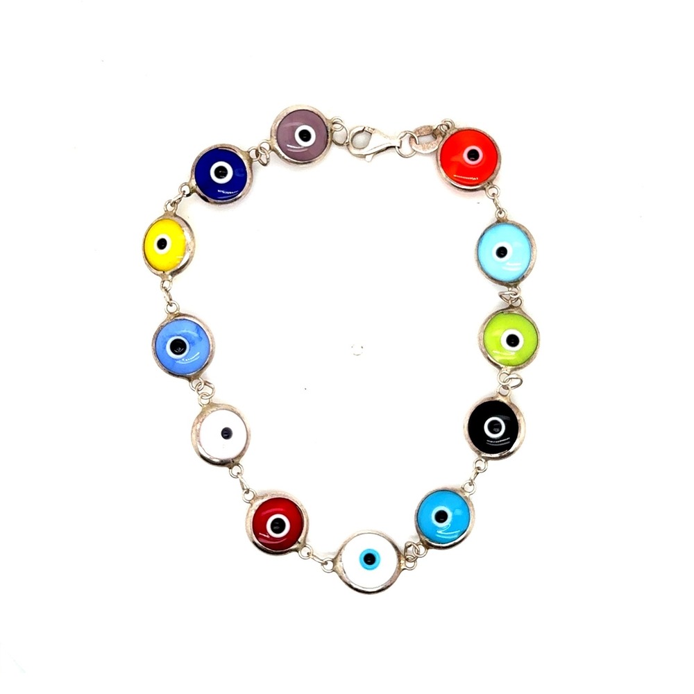 Sterling Silver Multi Color Evil Eye Link Bracelet 8.25" Nazar Protection 8.8g